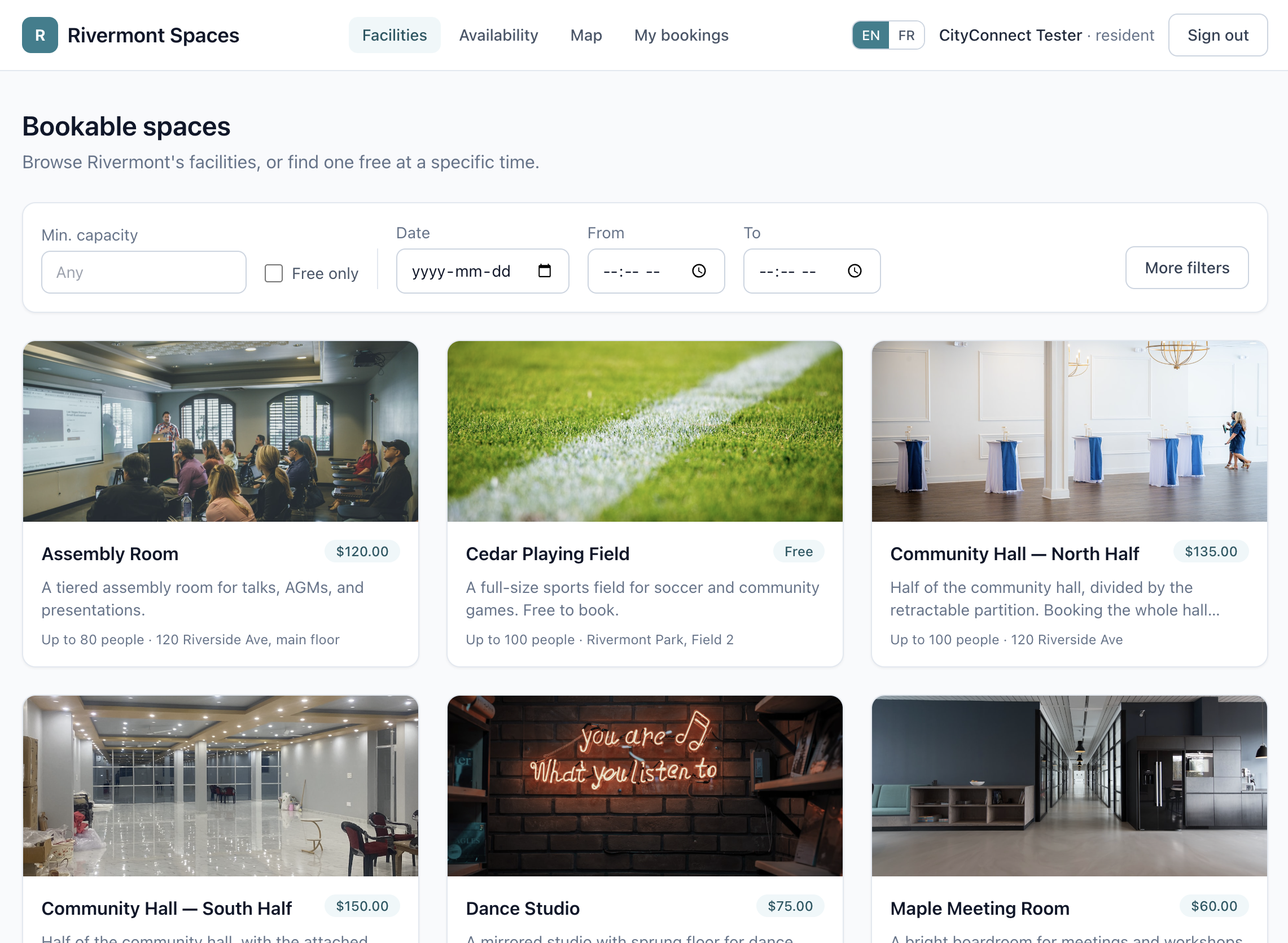 Directory of bookable halls, fields and meeting rooms with prices