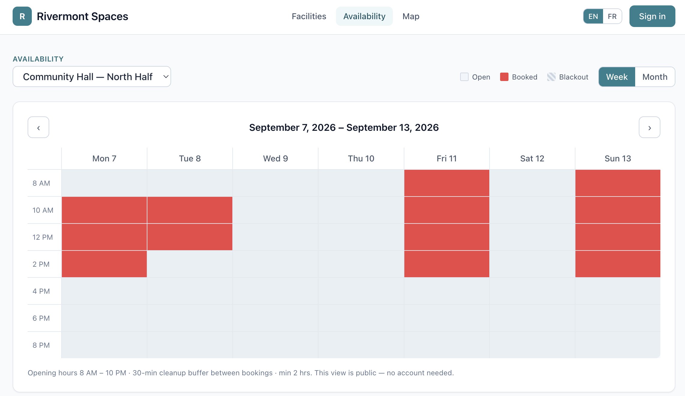 Weekly availability calendar for the community hall with booked slots in red