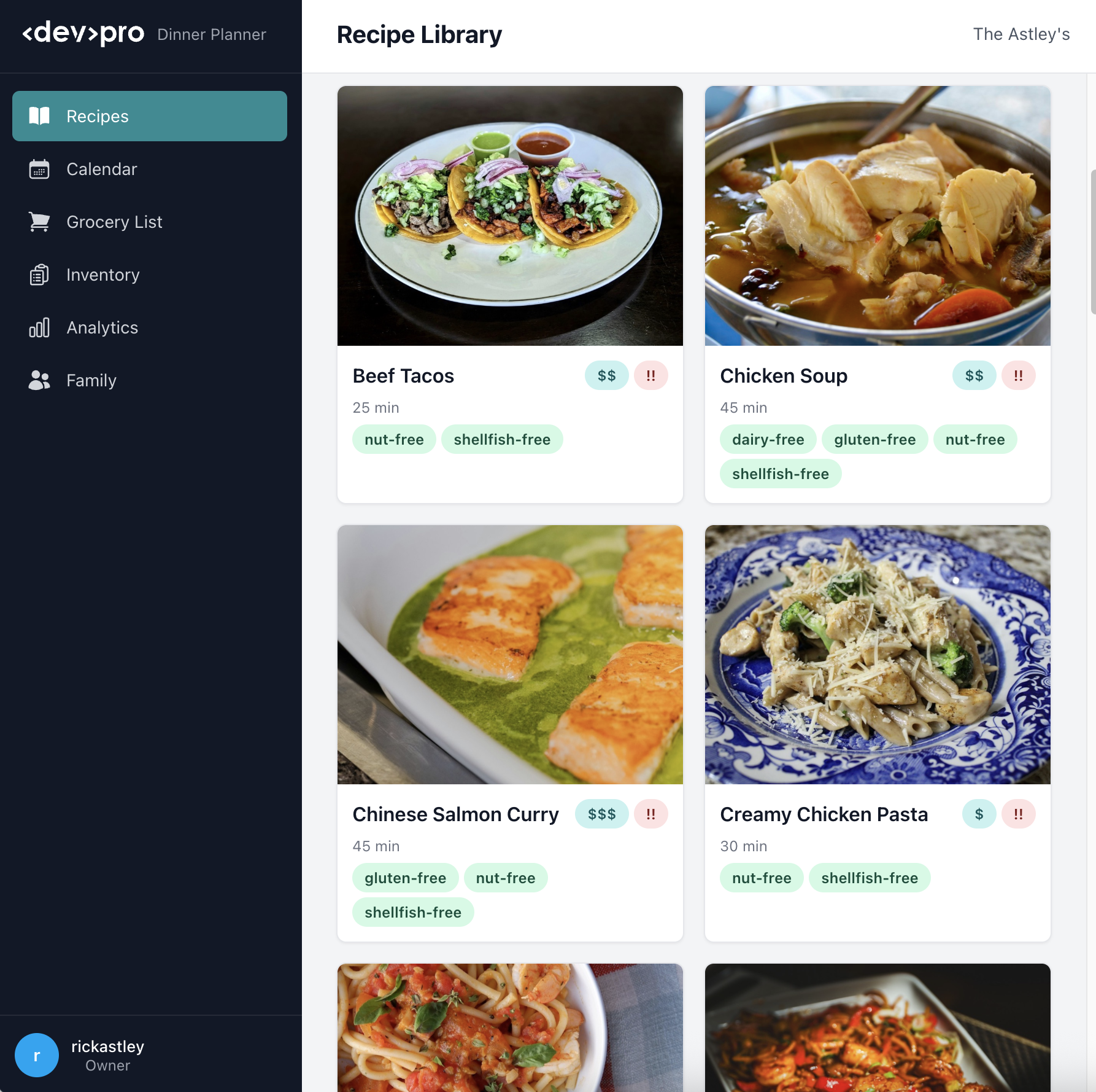 Family Dinner Planner recipe library