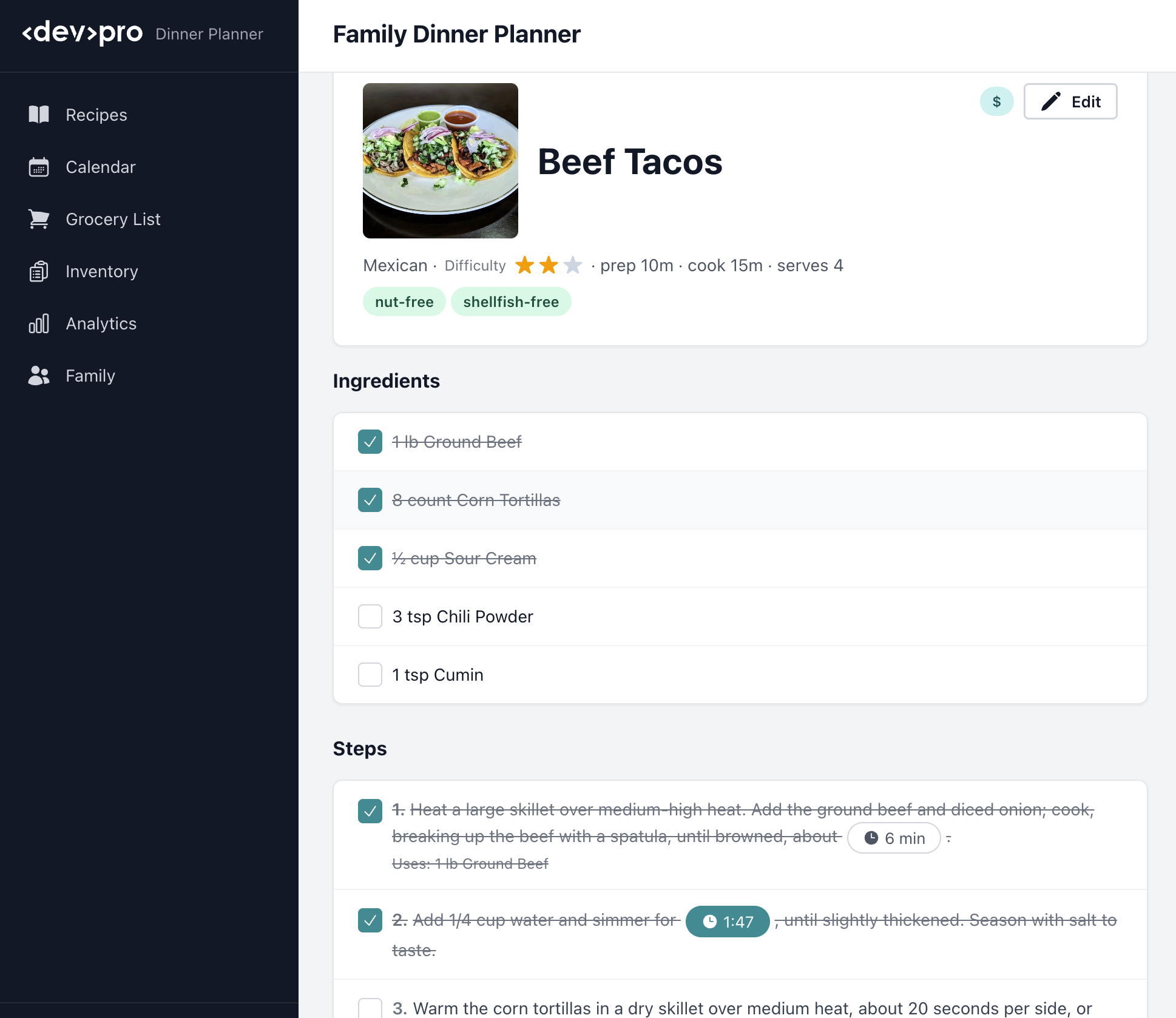 Recipe detail view with checkable ingredients and step-by-step instructions with built-in timers