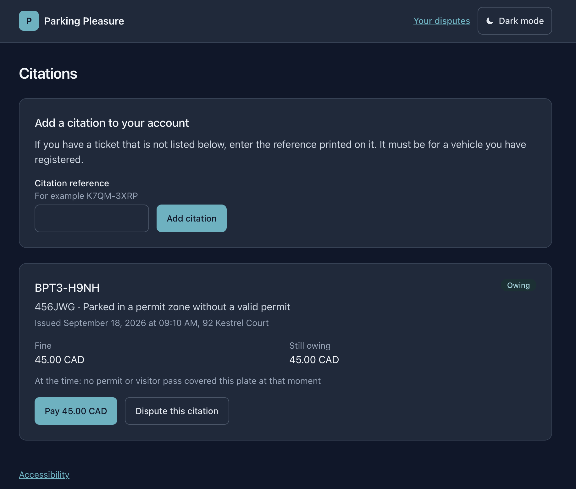 Resident citations page with pay and dispute options