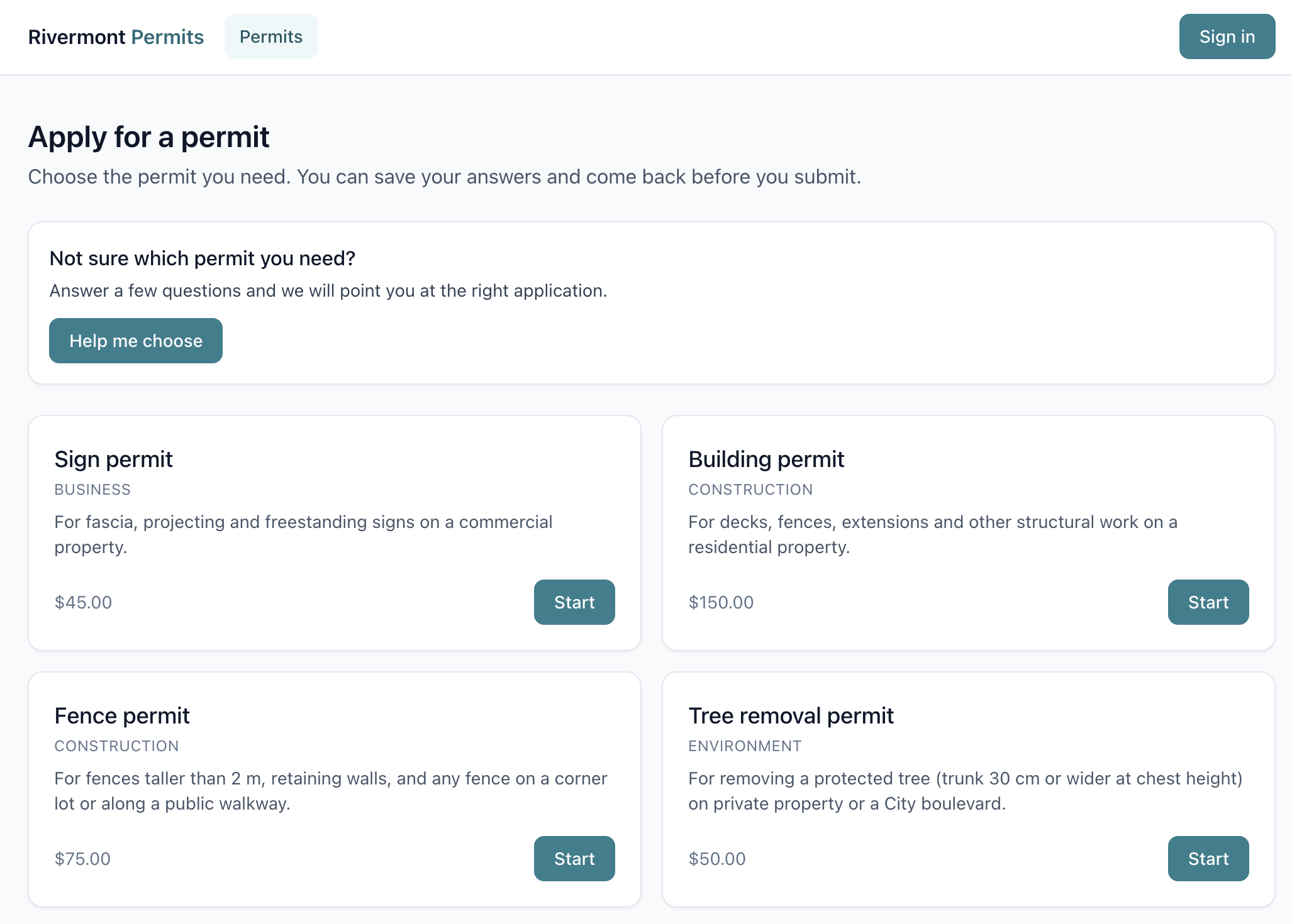 Apply for a permit page listing permit types and fees