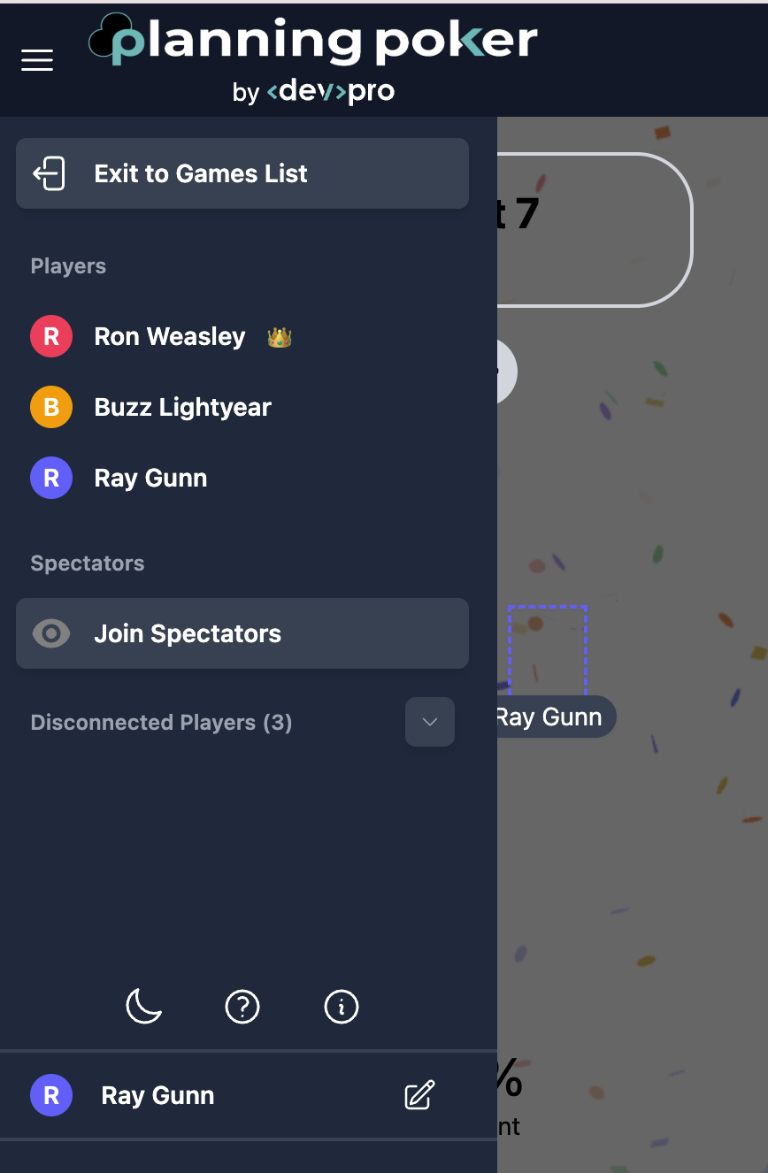 Mobile menu showing the player list with the host marked by a crown, spectators and disconnected players
