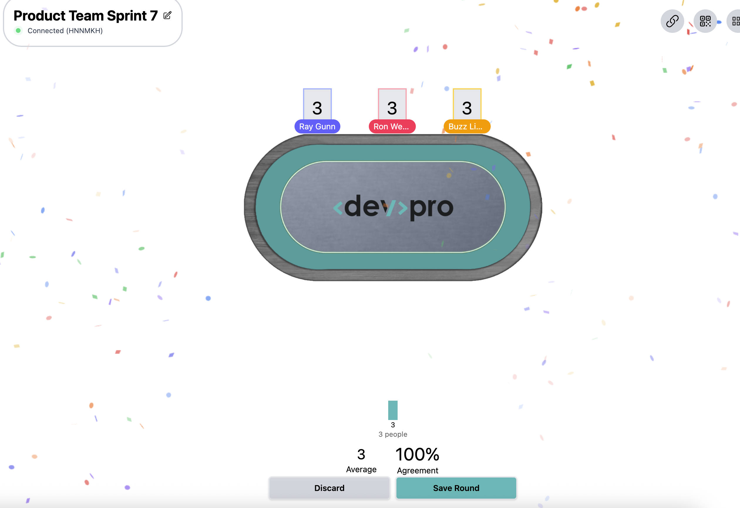 Light theme table where every player voted 3, showing 100 percent agreement and a confetti celebration