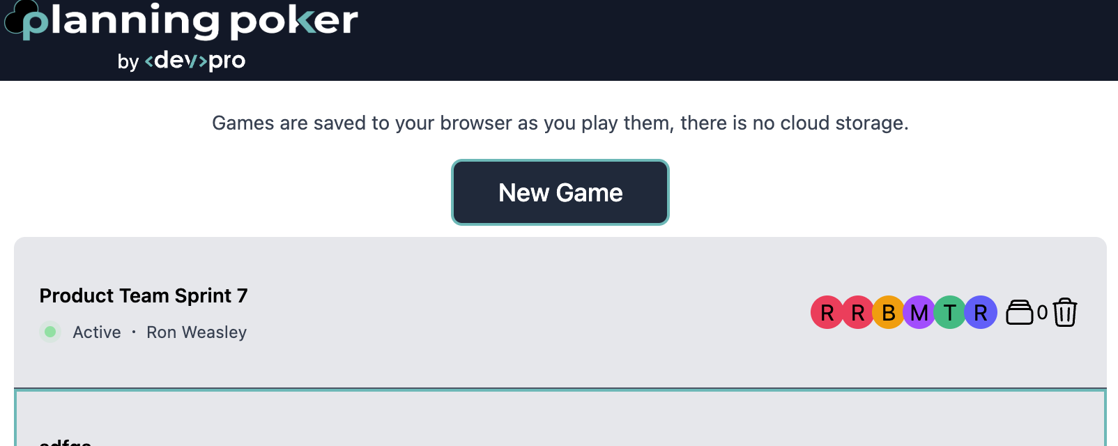 Games list showing saved games with player avatars and the note that games are saved to your browser with no cloud storage