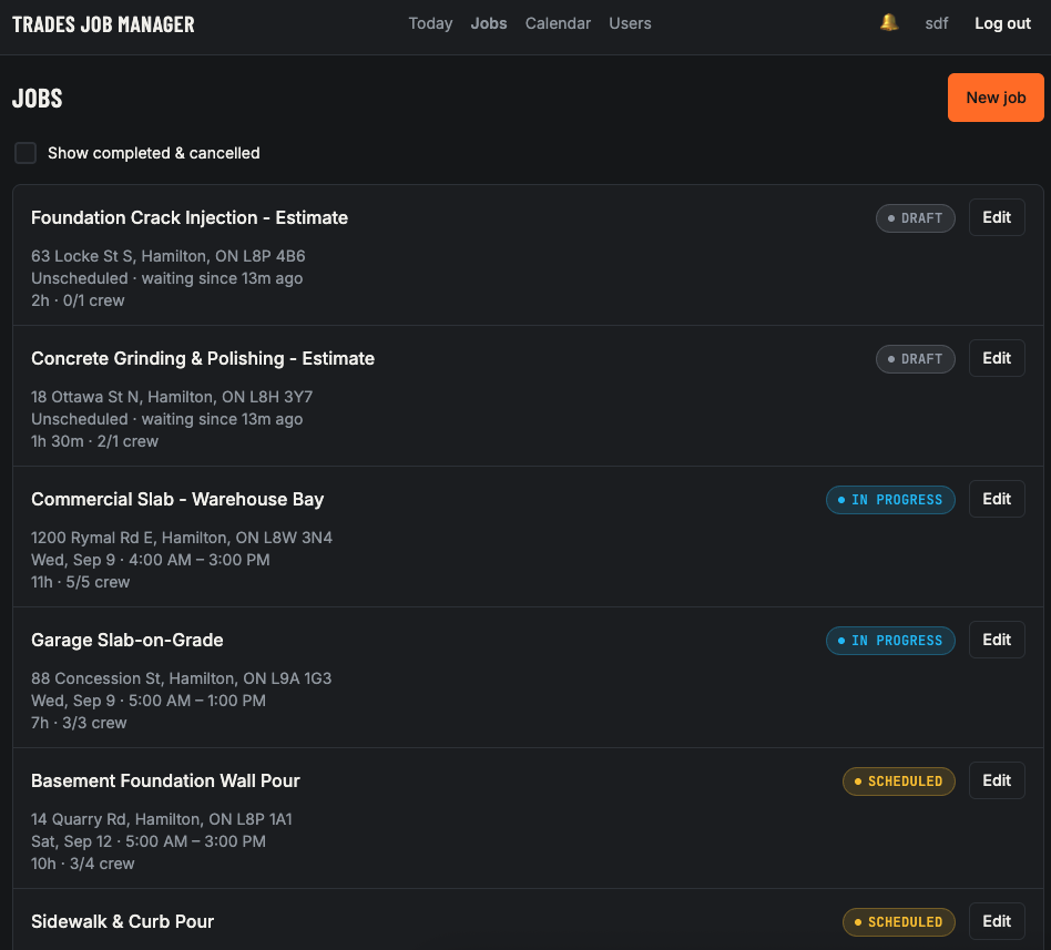 Trades Job Manager jobs list