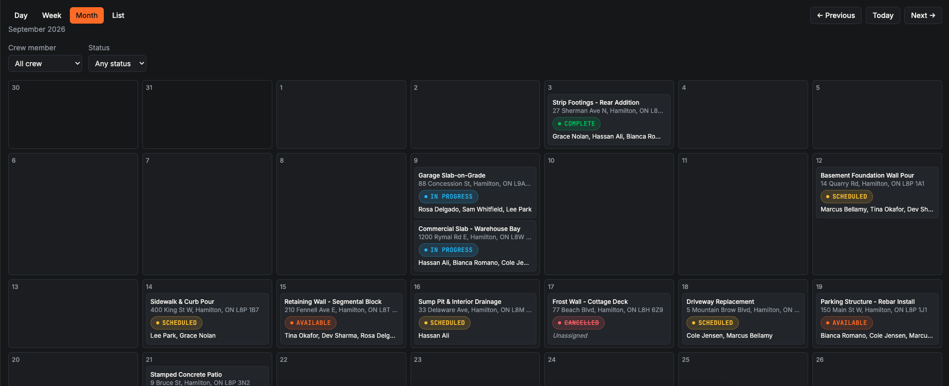 Month calendar view of jobs colour-coded by status, with crew and status filters